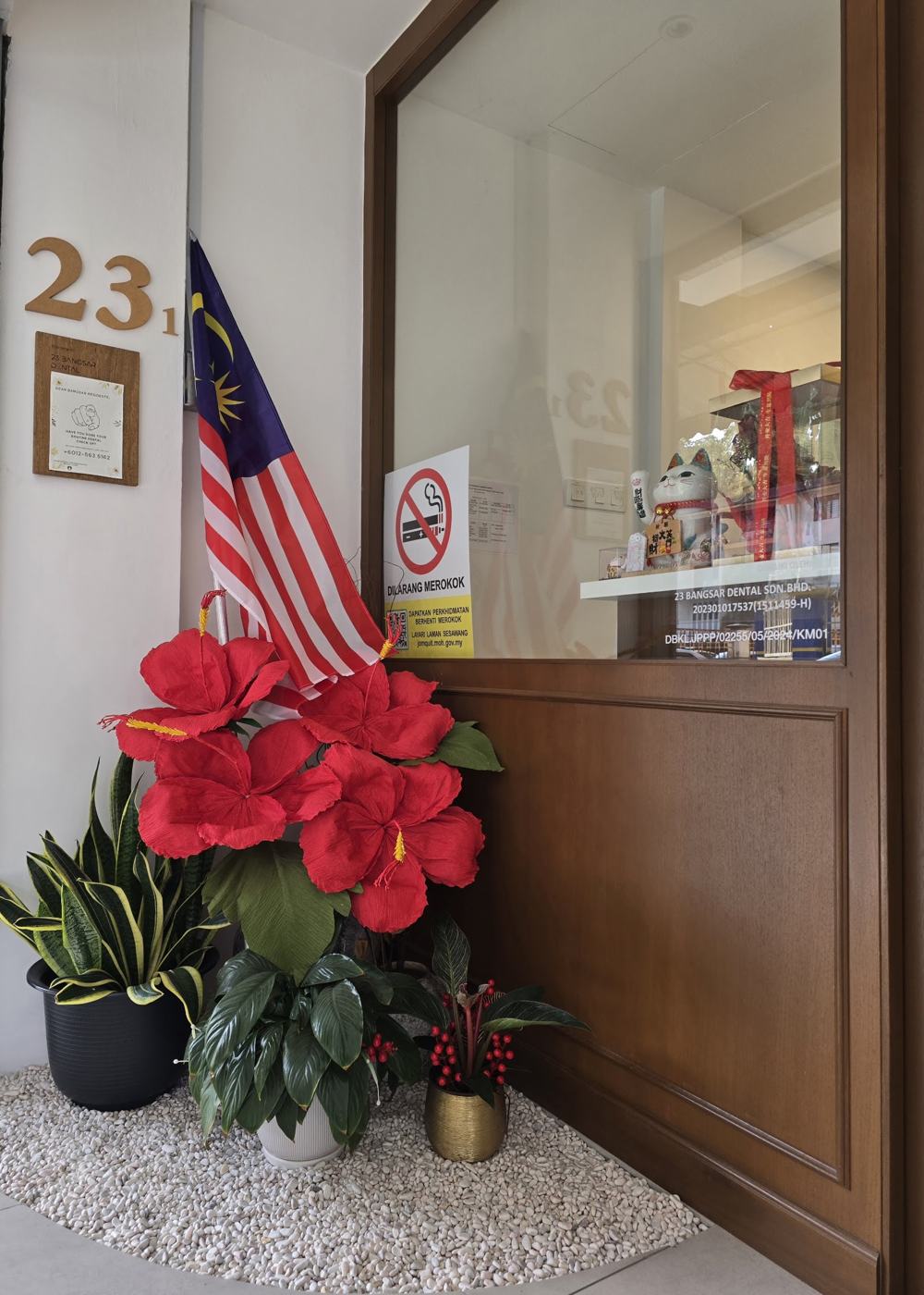 Entrance with flag and hibiscus plant